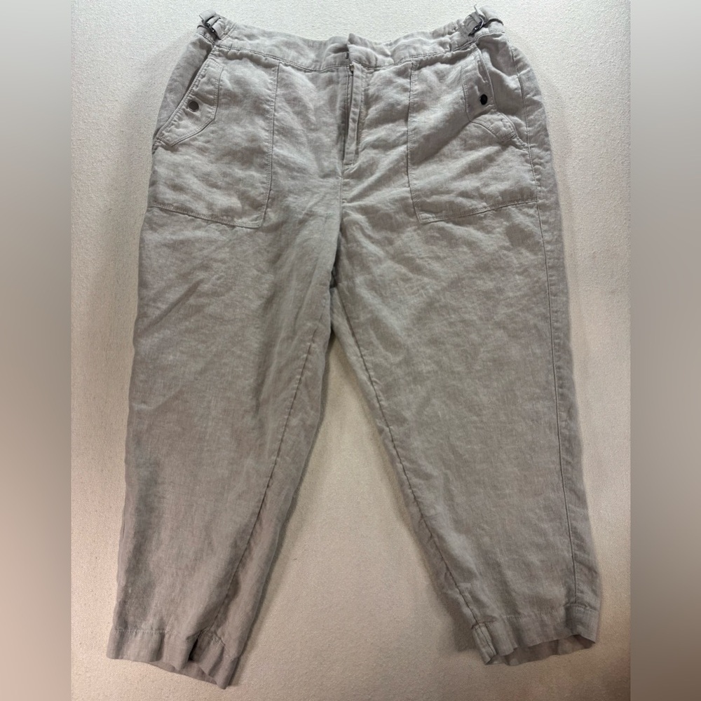 Athleta Linen Cropped Pants Size 18 Beige Pull On Elastic Waist Summer Travel